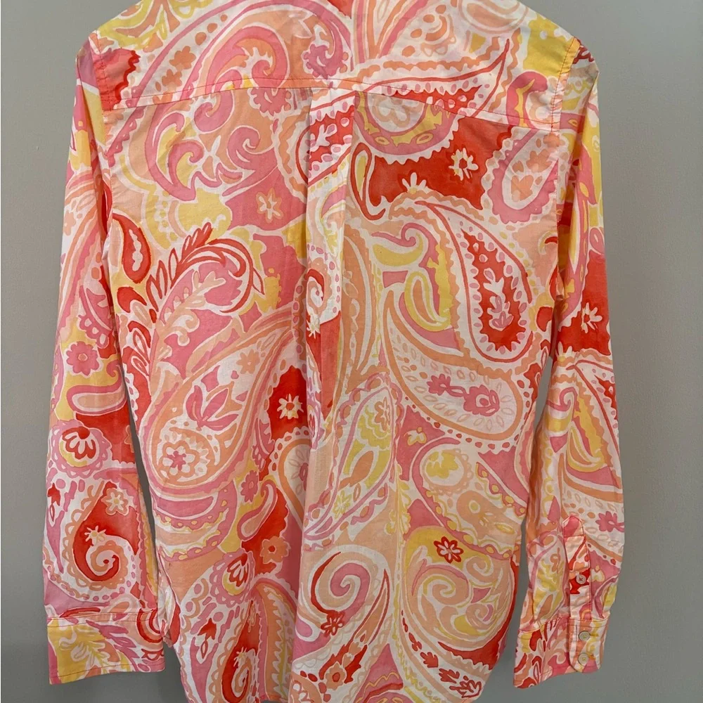 TALBOTS Modern Classic Paisley Blouse Pink Orange Button Down Boho Chic S - Picture 3 of 7